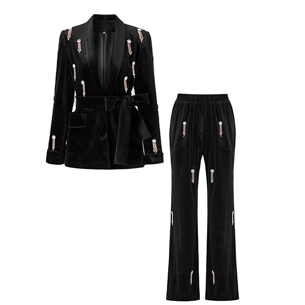 Black Velvet Crystal Blazer Set