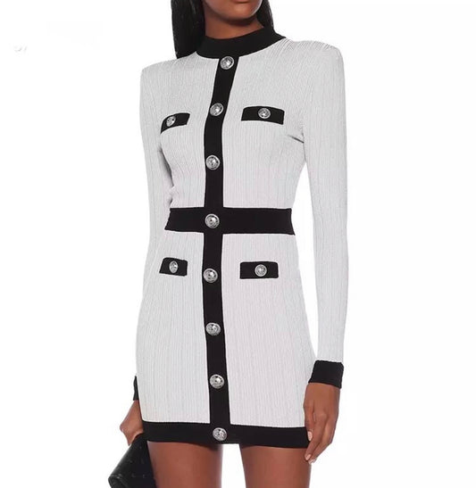 Black & White Silver Buttons Dress