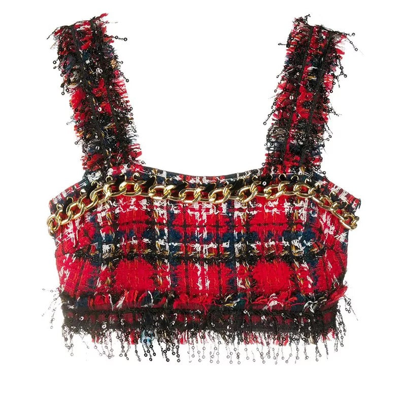 Gold Chain Red Plaid Crop Jacket Skirt & Crop Top Sets
