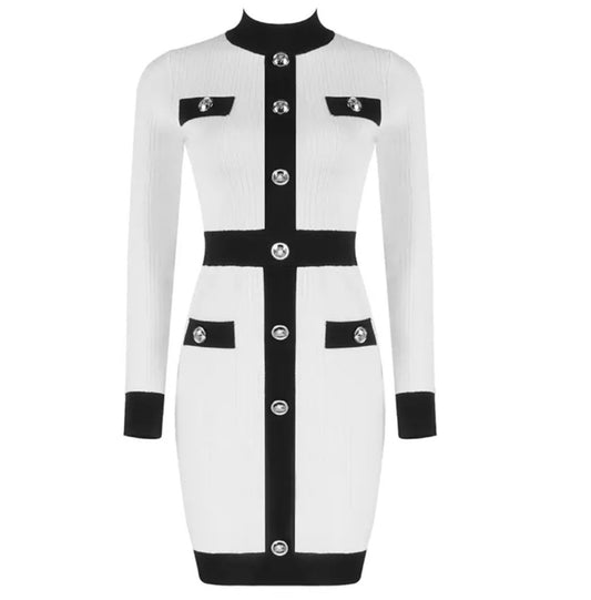 Black & White Silver Buttons Dress