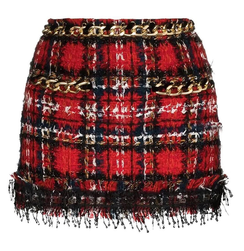 Gold Chain Red Plaid Crop Jacket Skirt & Crop Top Sets